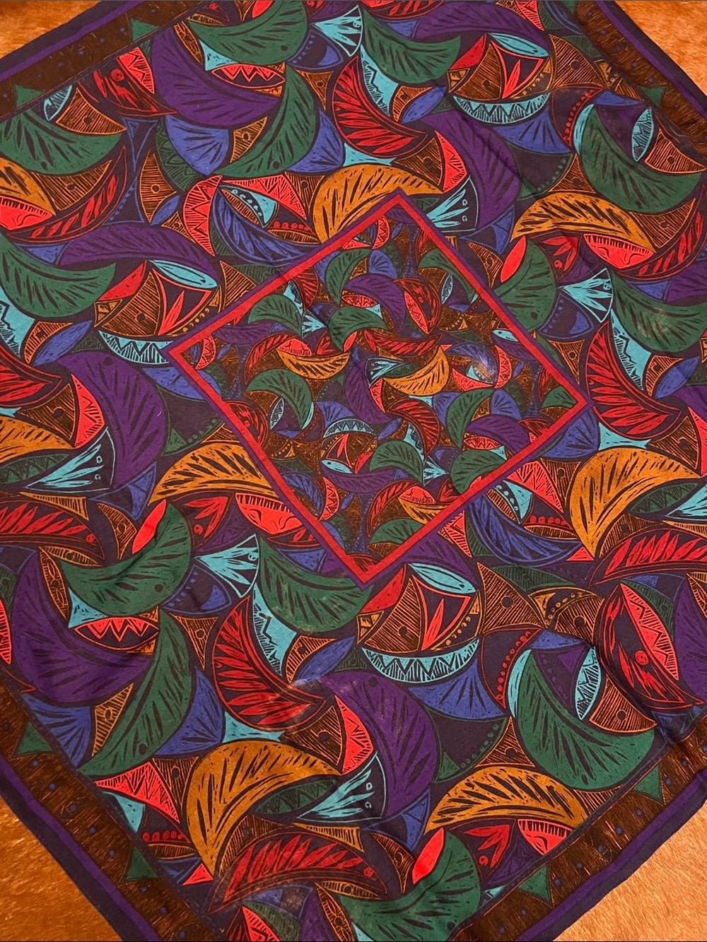 100% Wool Perry Ellis Geometric Print Scarf in Blue, Teal, Purple & Red, Japan - Picture 7 of 10